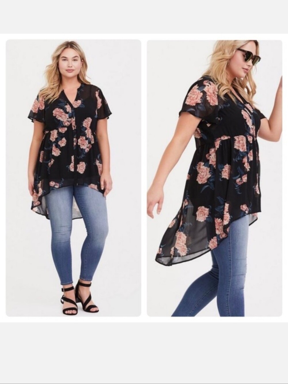 Torrid 3x Lexie Babydoll Chiffon Women's Hi Low Floral Tunic Size 3 Navy Floral